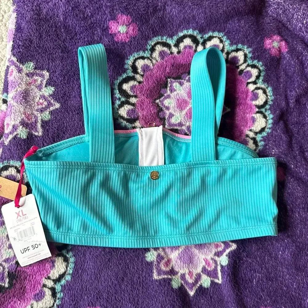 Justice pink and teal color-blocked zip-up bathing suit for kids in XL